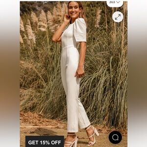 Lulus Modern Modest Ivory Puff Sleeve Jumpsuit: size small, white jumpsuit